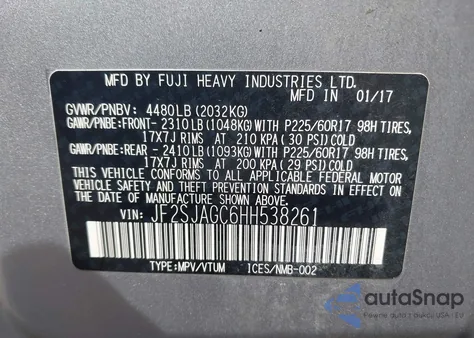 2017 Subaru Forester 2.5I Premium z USA, uszkodzony, nr VIN JF2SJAGC6HH538261
